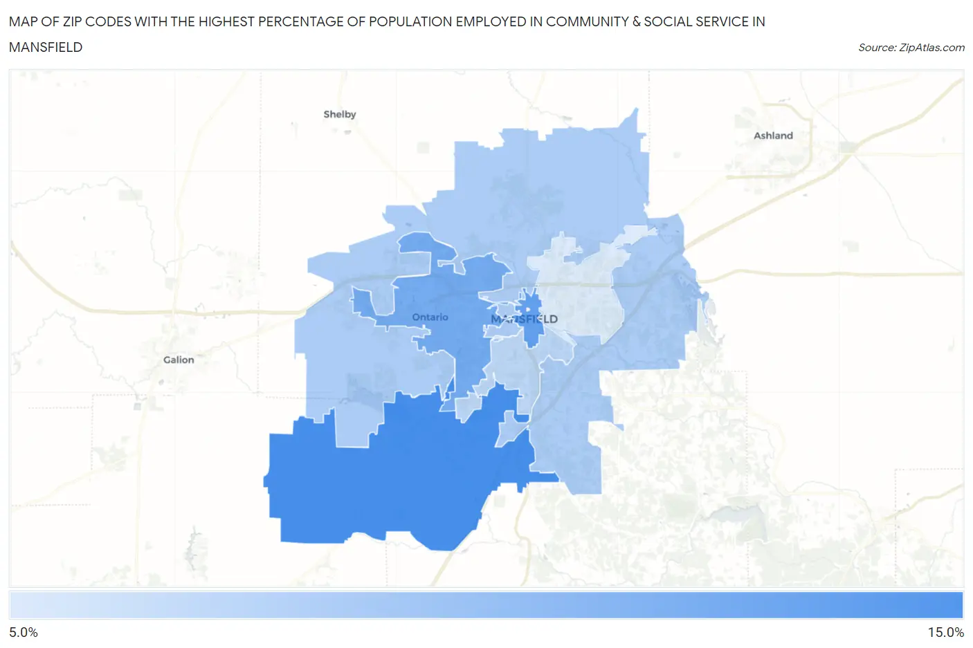 Zip Codes with the Highest Percentage of Population Employed in Community & Social Service  in Mansfield Map