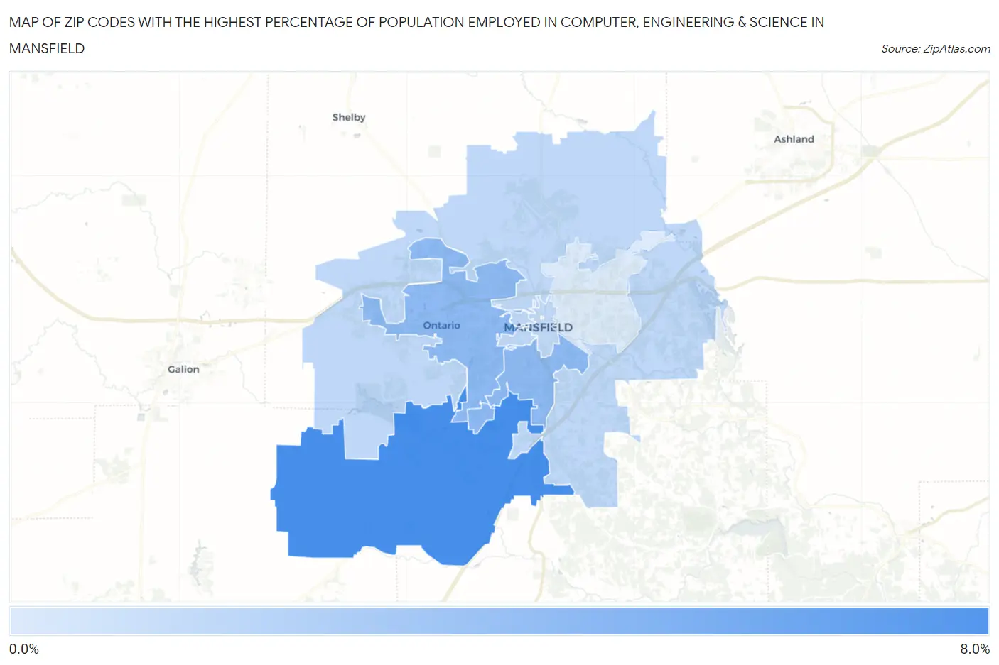 Zip Codes with the Highest Percentage of Population Employed in Computer, Engineering & Science in Mansfield Map