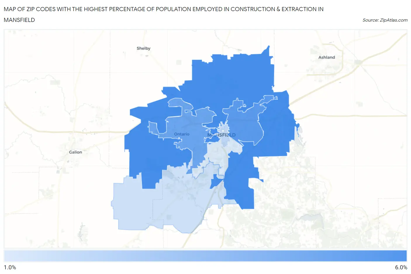 Zip Codes with the Highest Percentage of Population Employed in Construction & Extraction in Mansfield Map