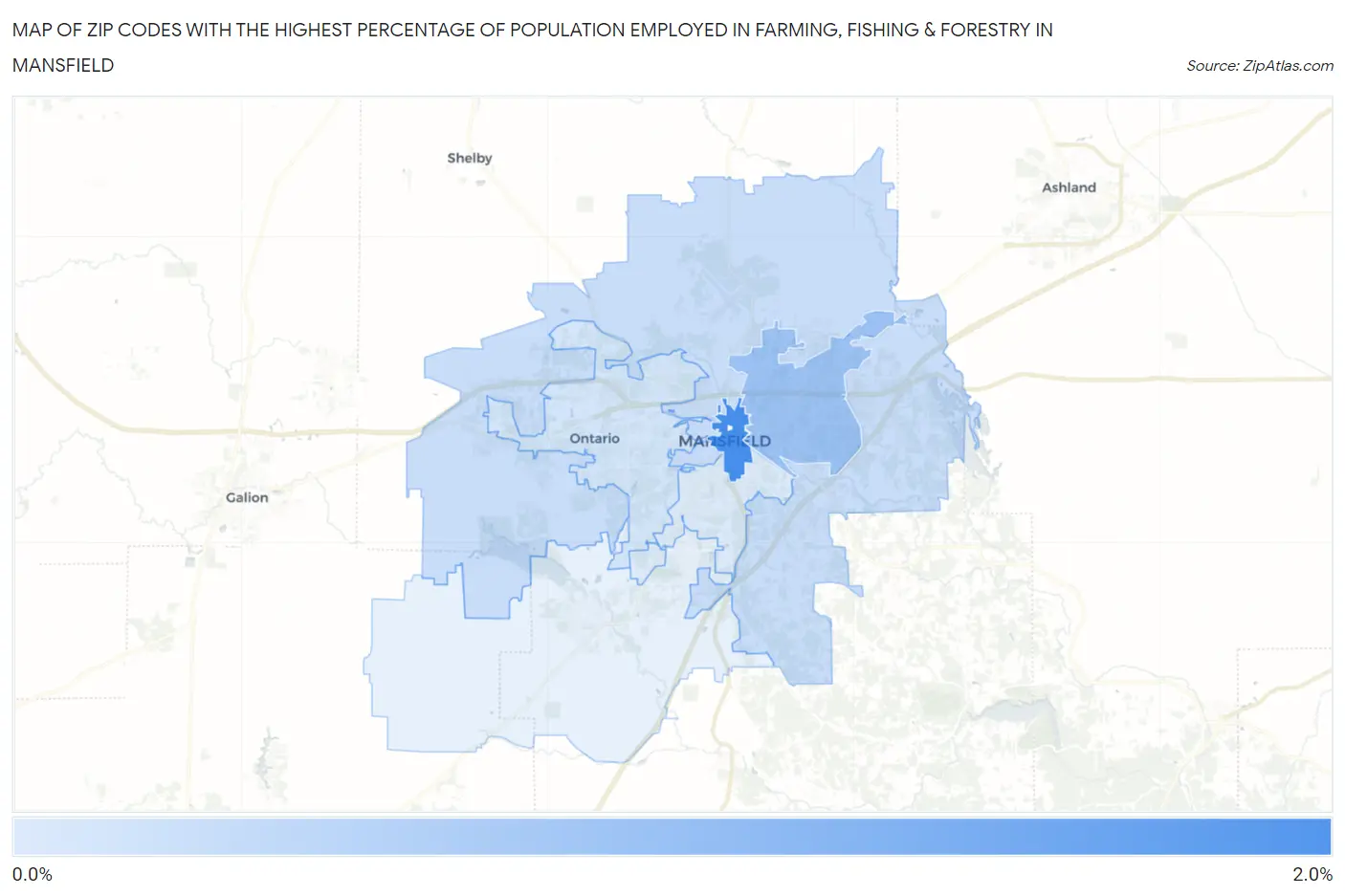Zip Codes with the Highest Percentage of Population Employed in Farming, Fishing & Forestry in Mansfield Map