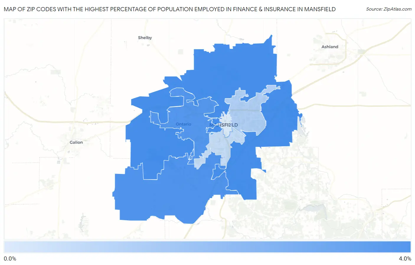 Zip Codes with the Highest Percentage of Population Employed in Finance & Insurance in Mansfield Map