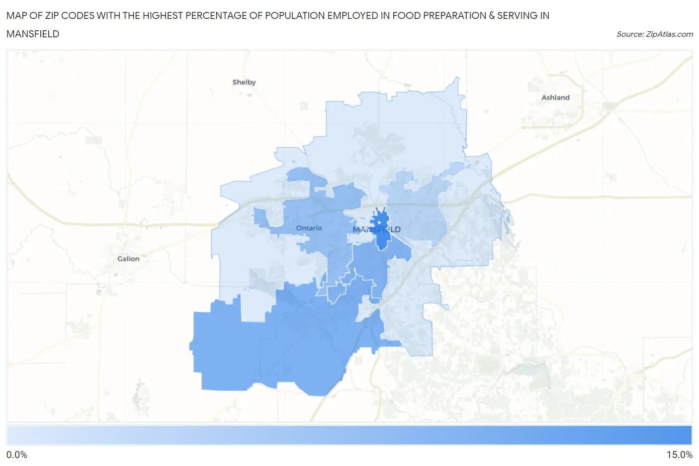 Zip Codes with the Highest Percentage of Population Employed in Food Preparation & Serving in Mansfield Map