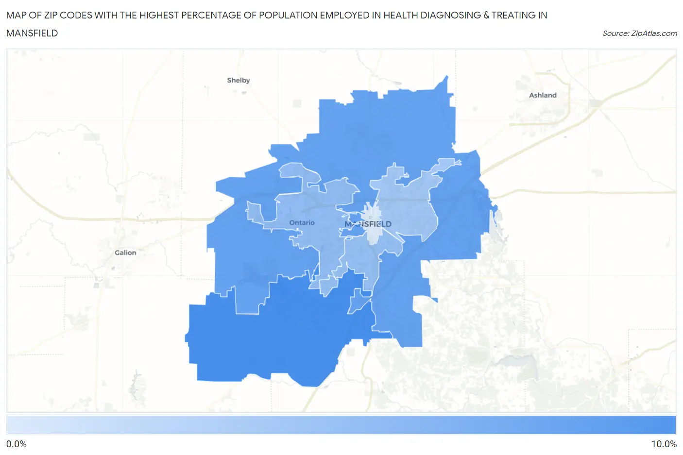 Zip Codes with the Highest Percentage of Population Employed in Health Diagnosing & Treating in Mansfield Map