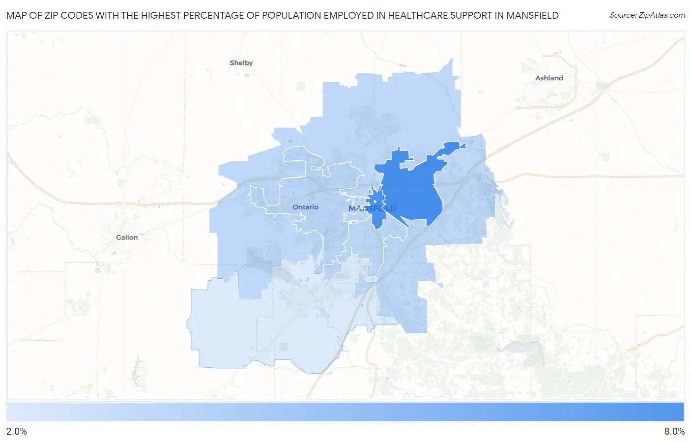 Zip Codes with the Highest Percentage of Population Employed in Healthcare Support in Mansfield Map