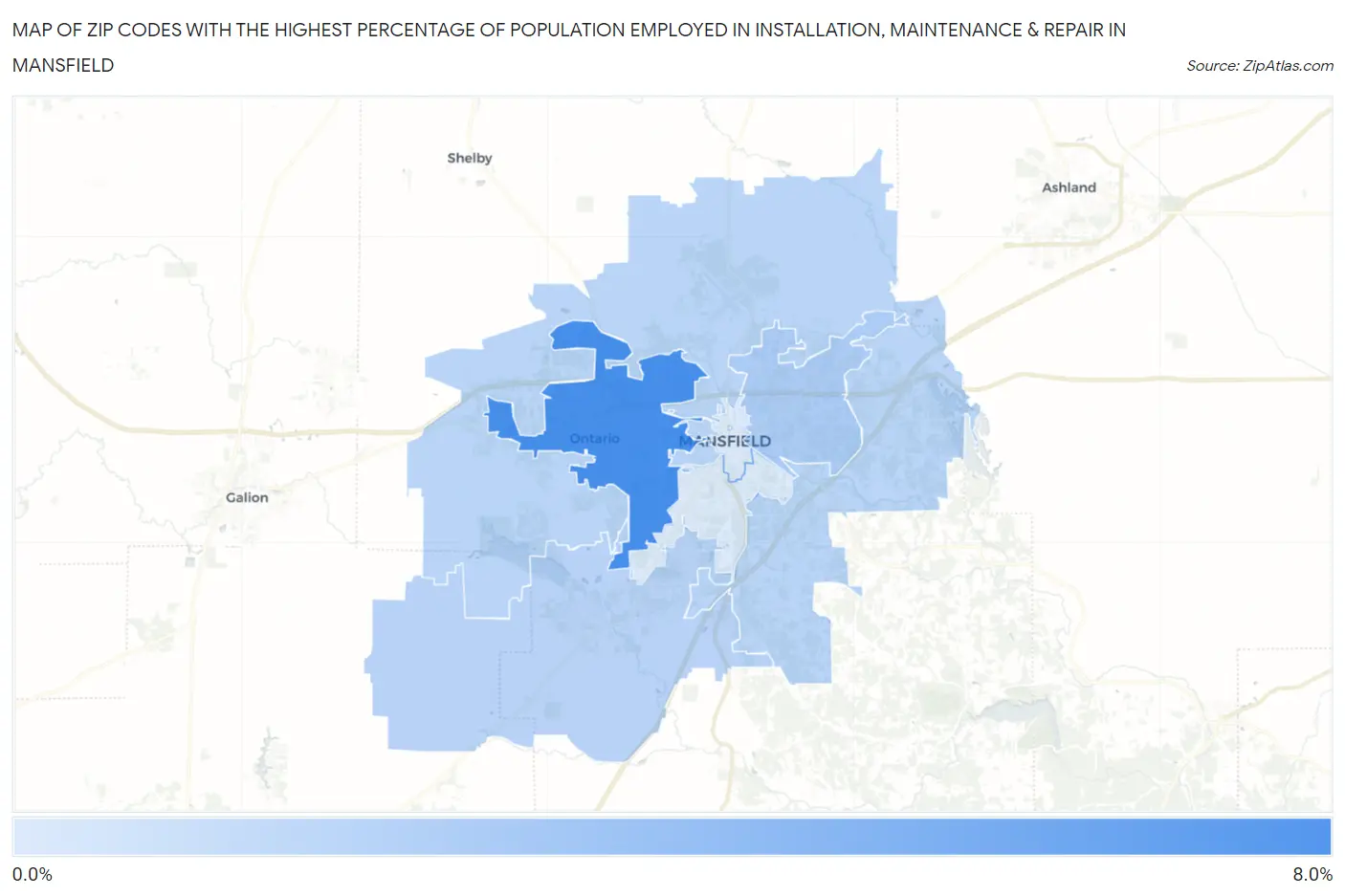 Zip Codes with the Highest Percentage of Population Employed in Installation, Maintenance & Repair in Mansfield Map
