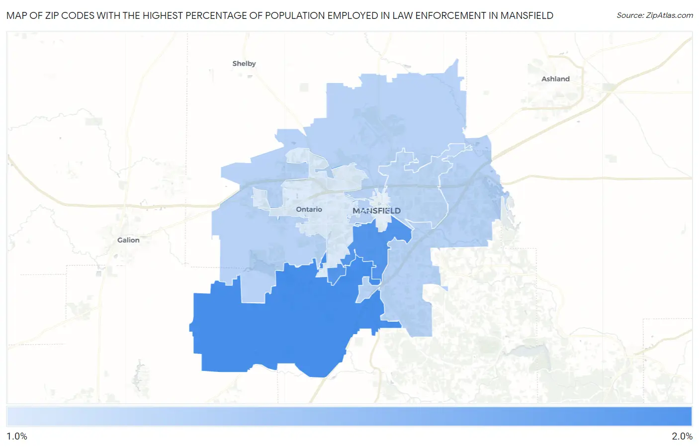 Zip Codes with the Highest Percentage of Population Employed in Law Enforcement in Mansfield Map
