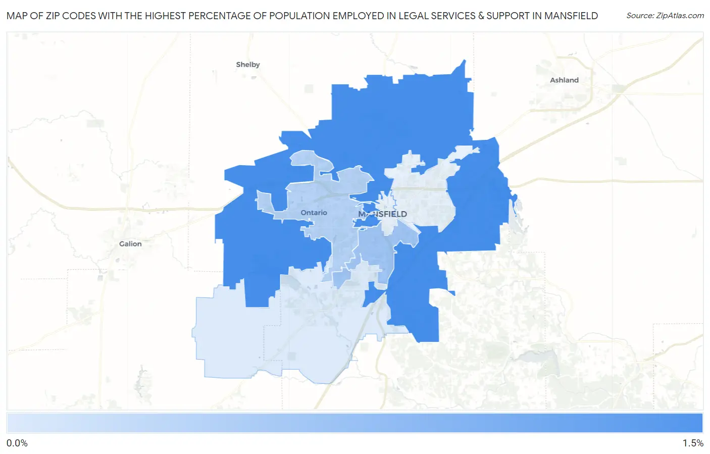 Zip Codes with the Highest Percentage of Population Employed in Legal Services & Support in Mansfield Map