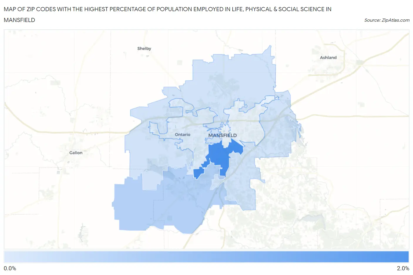 Zip Codes with the Highest Percentage of Population Employed in Life, Physical & Social Science in Mansfield Map