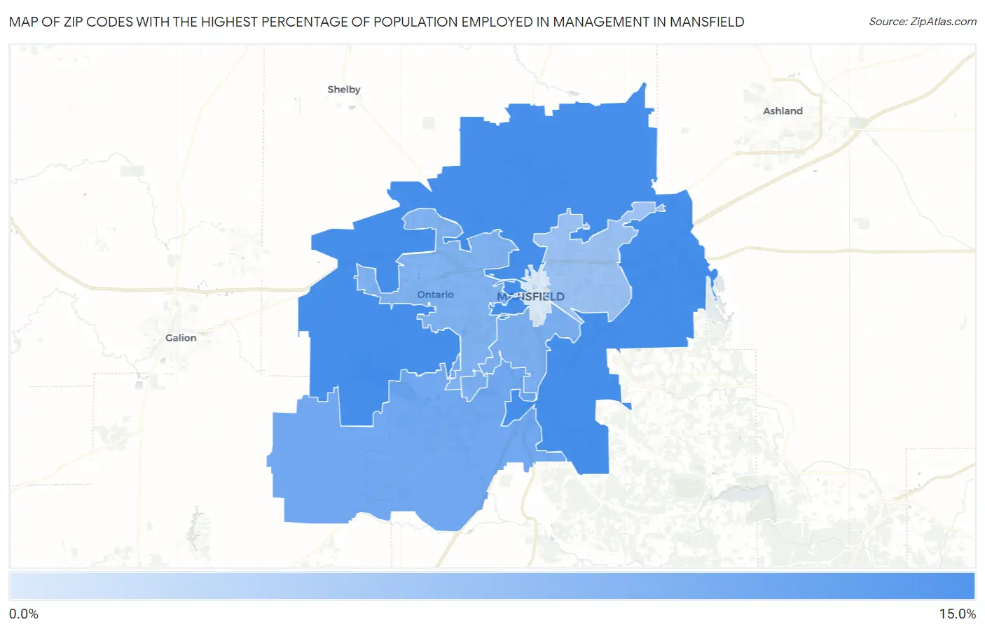 Zip Codes with the Highest Percentage of Population Employed in Management in Mansfield Map