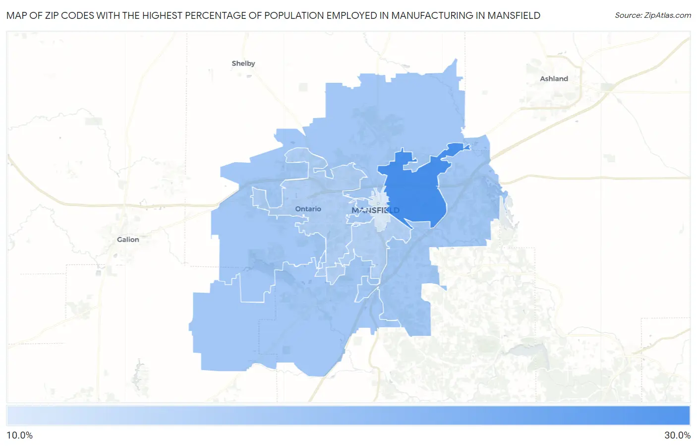 Zip Codes with the Highest Percentage of Population Employed in Manufacturing in Mansfield Map