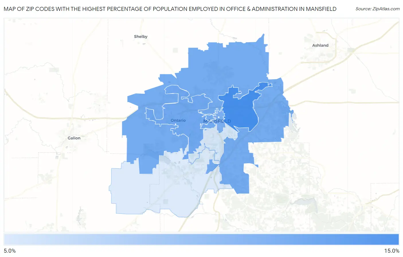 Zip Codes with the Highest Percentage of Population Employed in Office & Administration in Mansfield Map