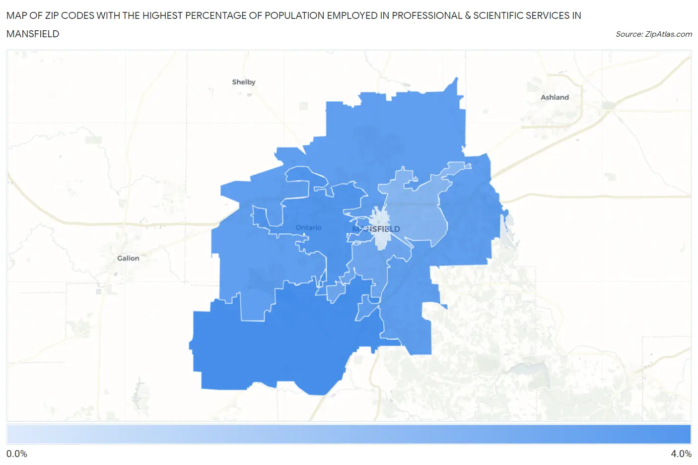 Zip Codes with the Highest Percentage of Population Employed in Professional & Scientific Services in Mansfield Map