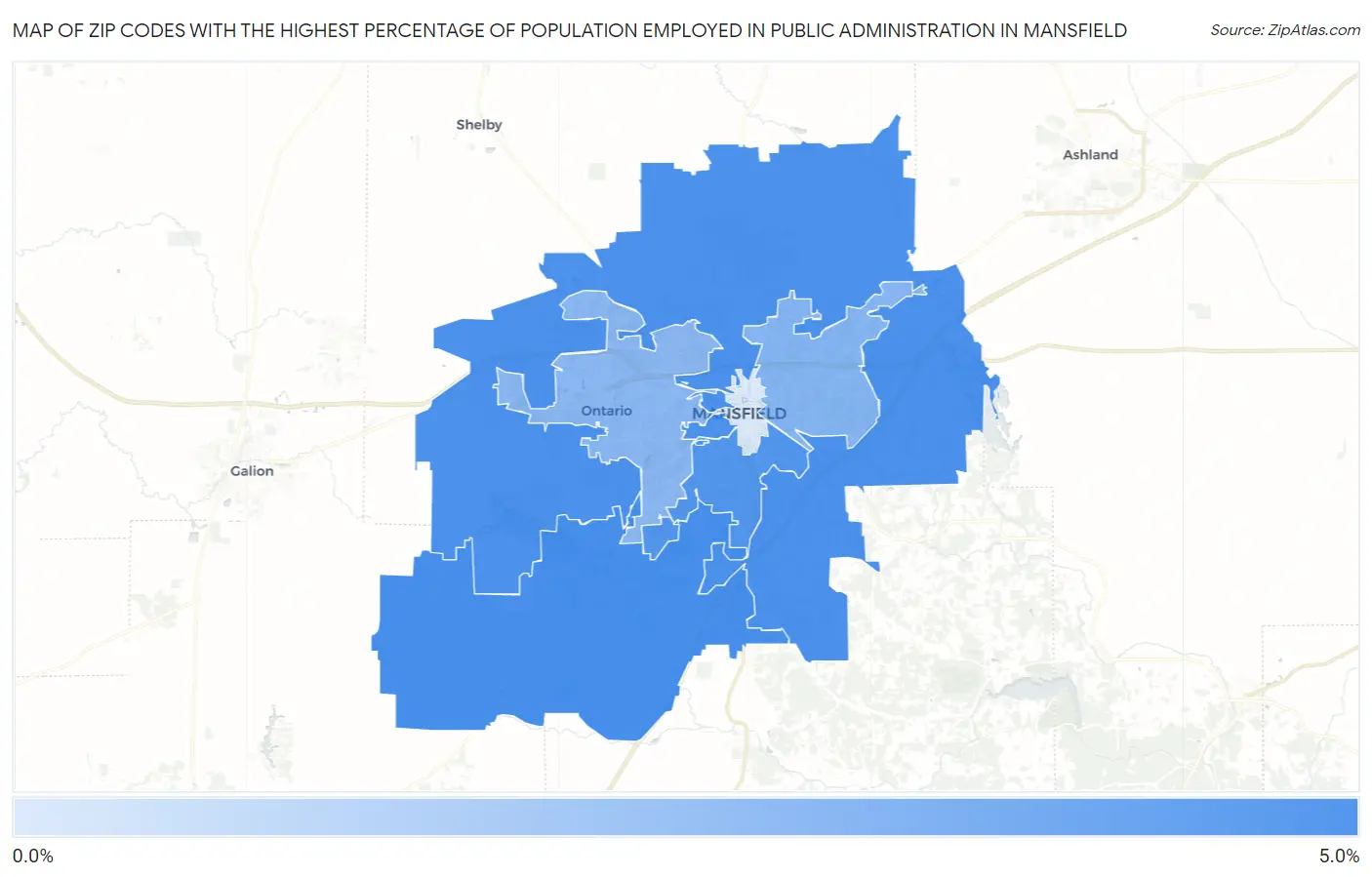Zip Codes with the Highest Percentage of Population Employed in Public Administration in Mansfield Map