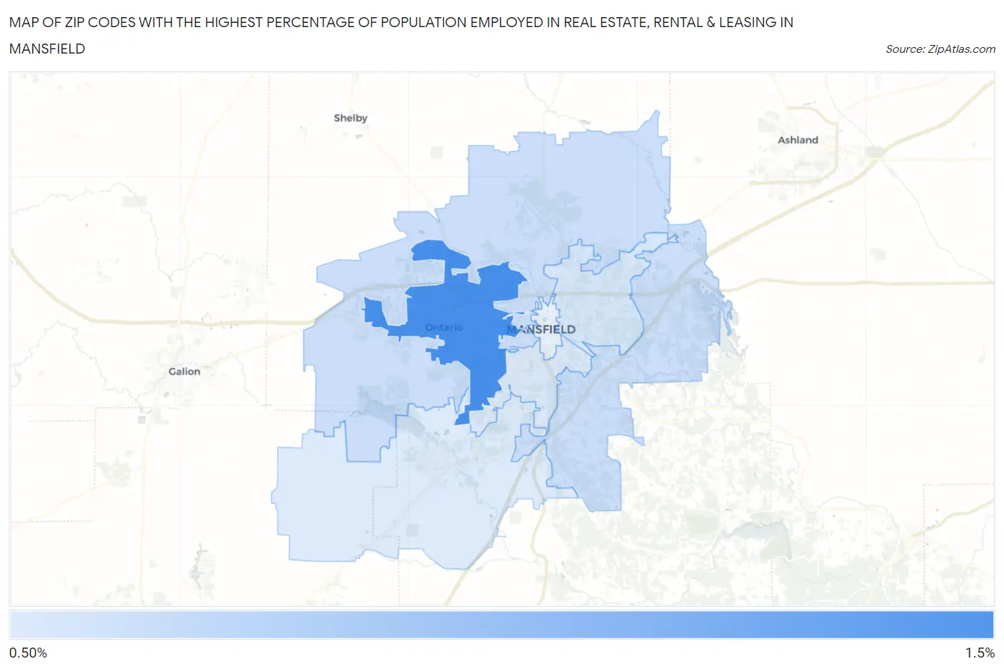 Zip Codes with the Highest Percentage of Population Employed in Real Estate, Rental & Leasing in Mansfield Map