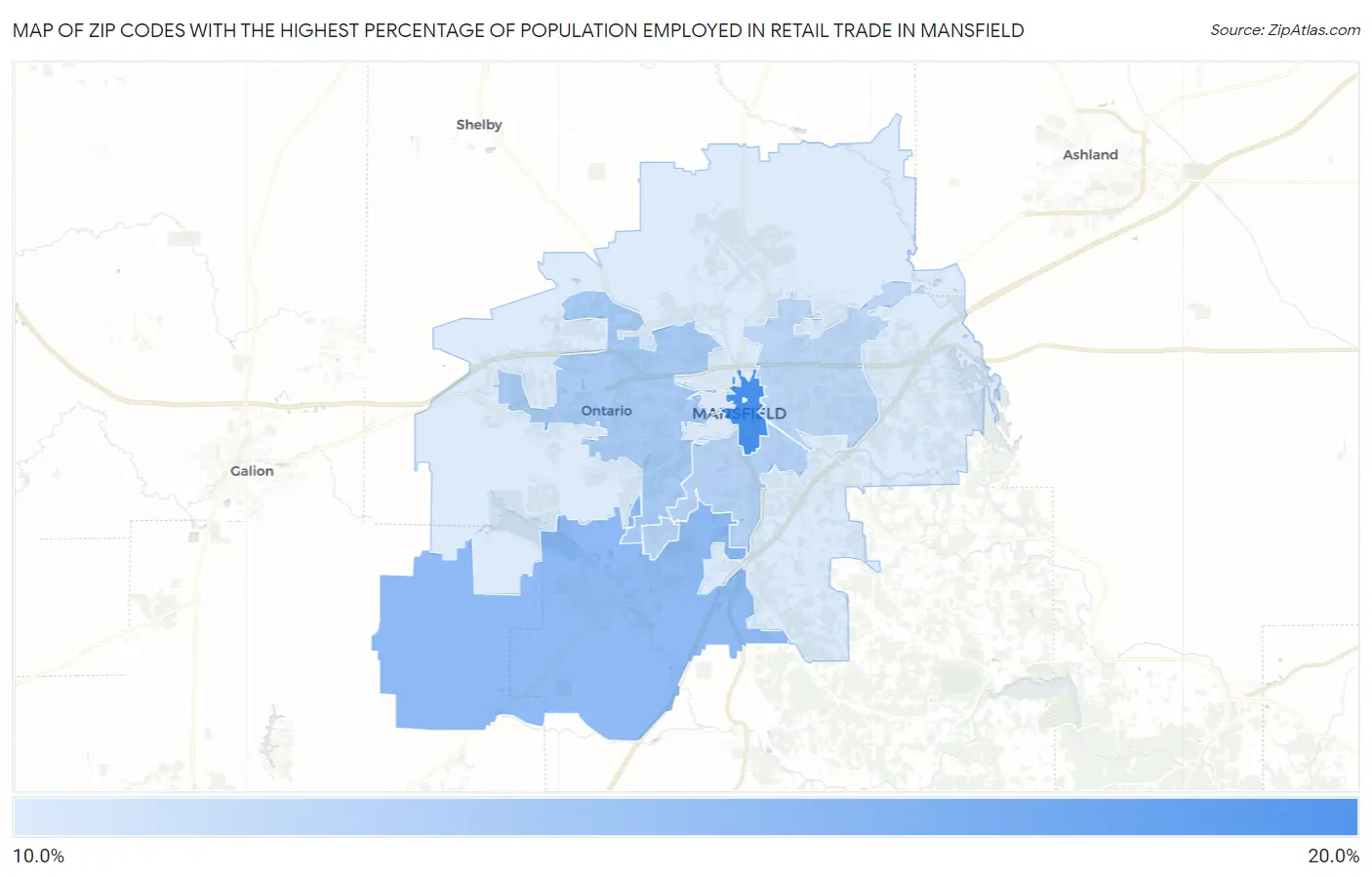 Zip Codes with the Highest Percentage of Population Employed in Retail Trade in Mansfield Map