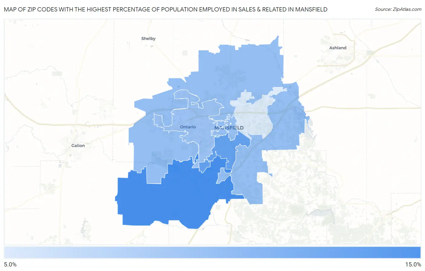 Zip Codes with the Highest Percentage of Population Employed in Sales & Related in Mansfield Map