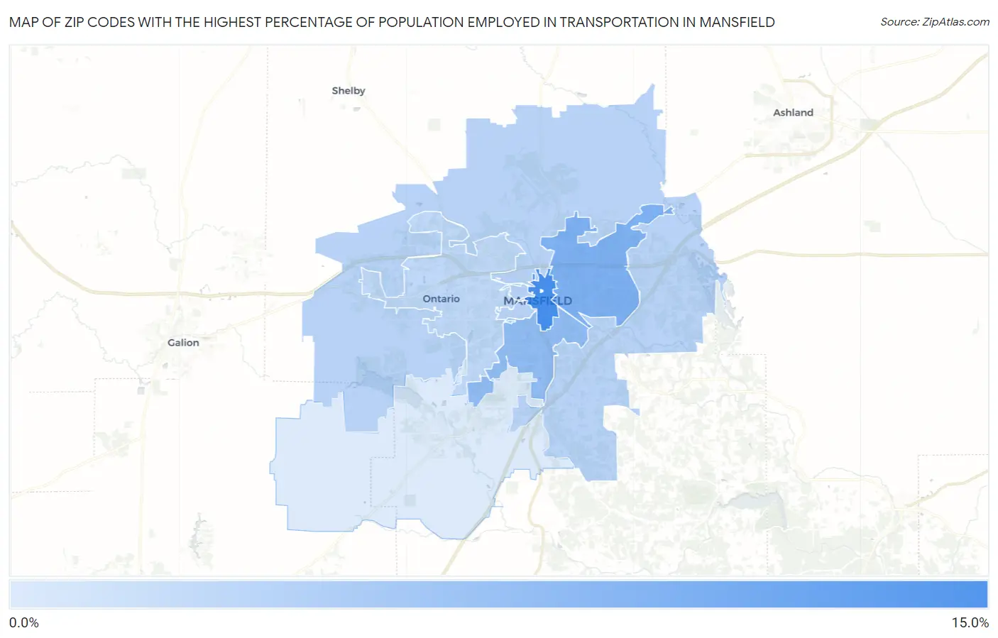 Zip Codes with the Highest Percentage of Population Employed in Transportation in Mansfield Map
