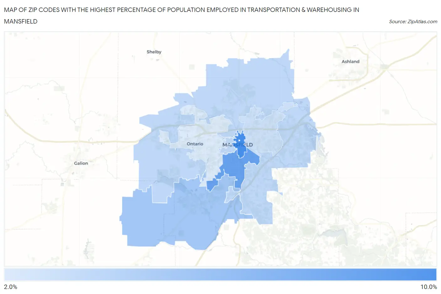 Zip Codes with the Highest Percentage of Population Employed in Transportation & Warehousing in Mansfield Map