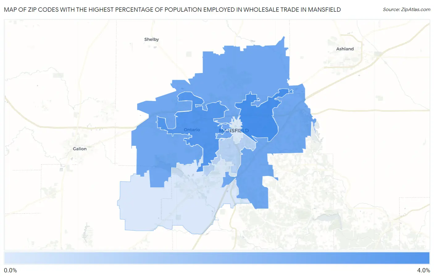 Zip Codes with the Highest Percentage of Population Employed in Wholesale Trade in Mansfield Map