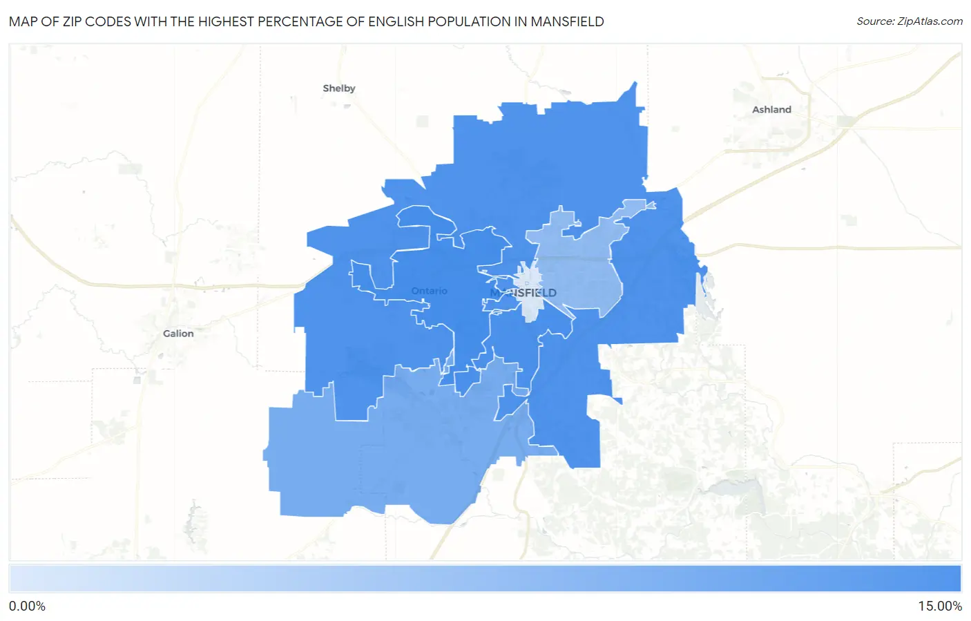 Zip Codes with the Highest Percentage of English Population in Mansfield Map