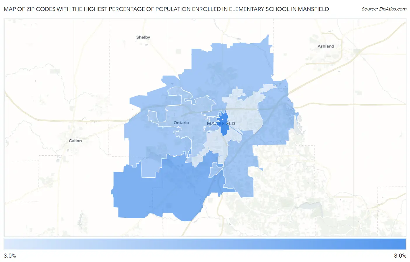 Zip Codes with the Highest Percentage of Population Enrolled in Elementary School in Mansfield Map