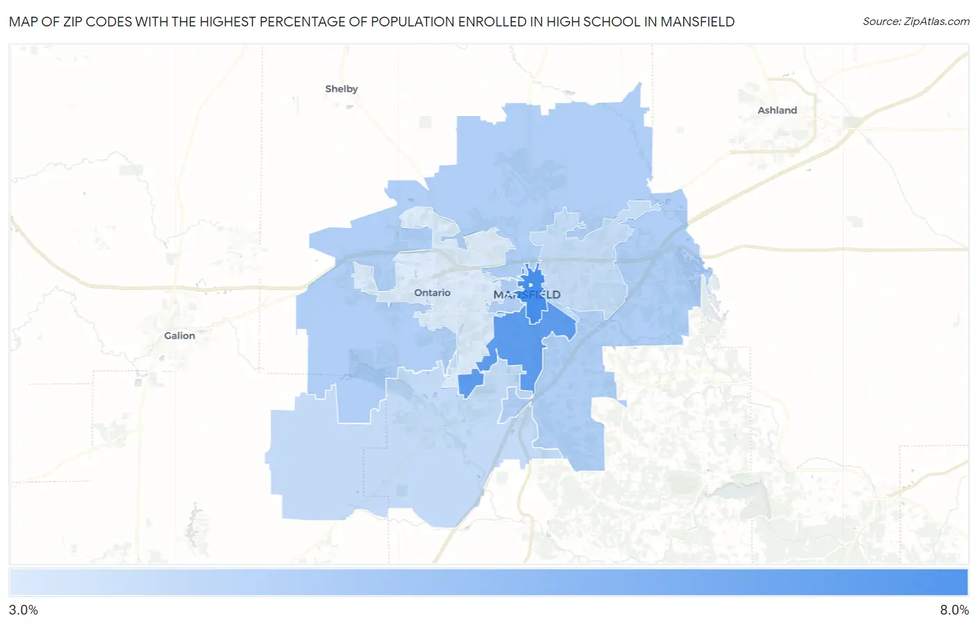 Zip Codes with the Highest Percentage of Population Enrolled in High School in Mansfield Map