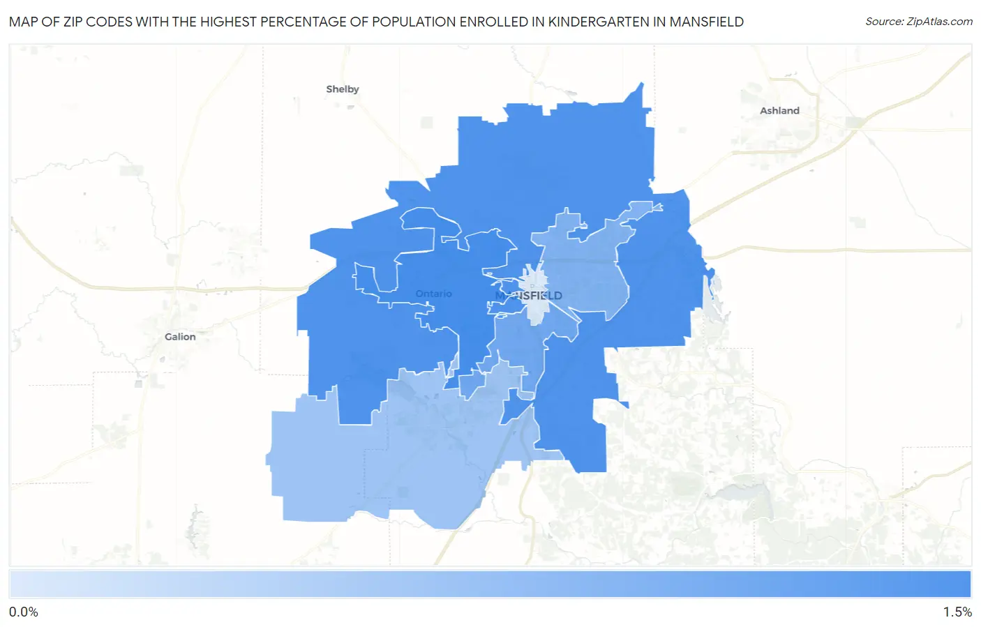 Zip Codes with the Highest Percentage of Population Enrolled in Kindergarten in Mansfield Map