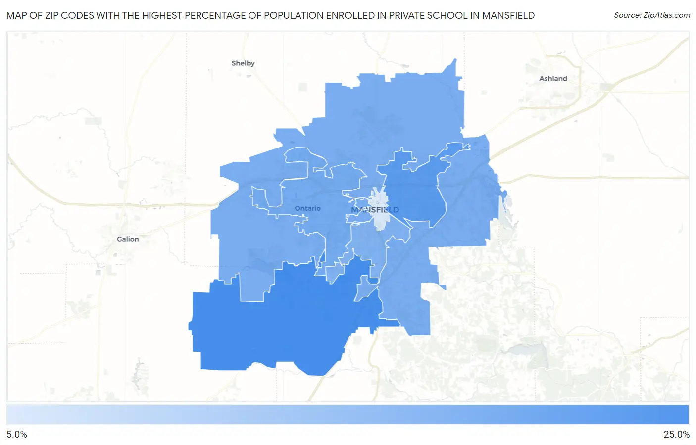 Zip Codes with the Highest Percentage of Population Enrolled in Private School in Mansfield Map