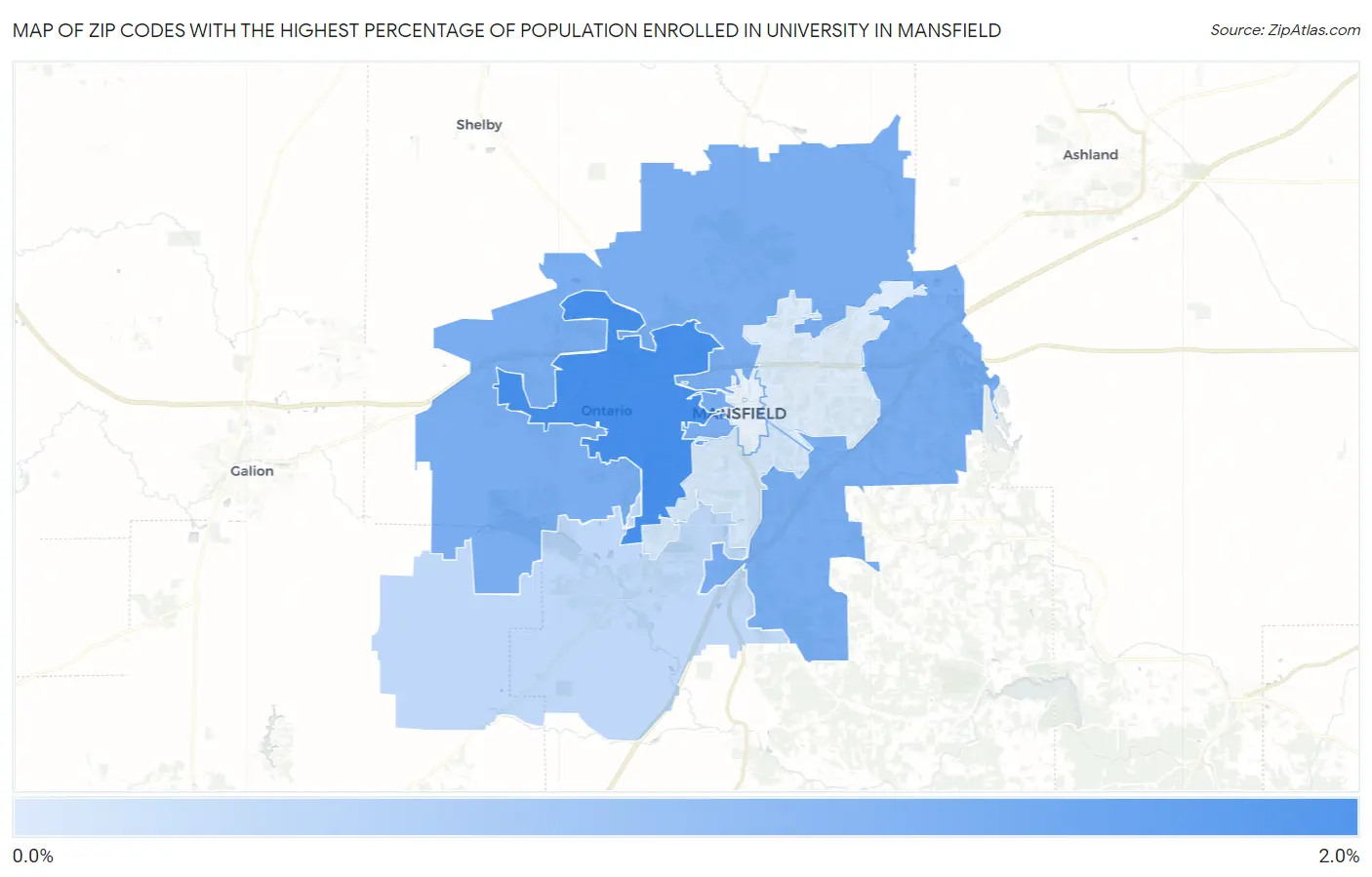 Zip Codes with the Highest Percentage of Population Enrolled in University in Mansfield Map