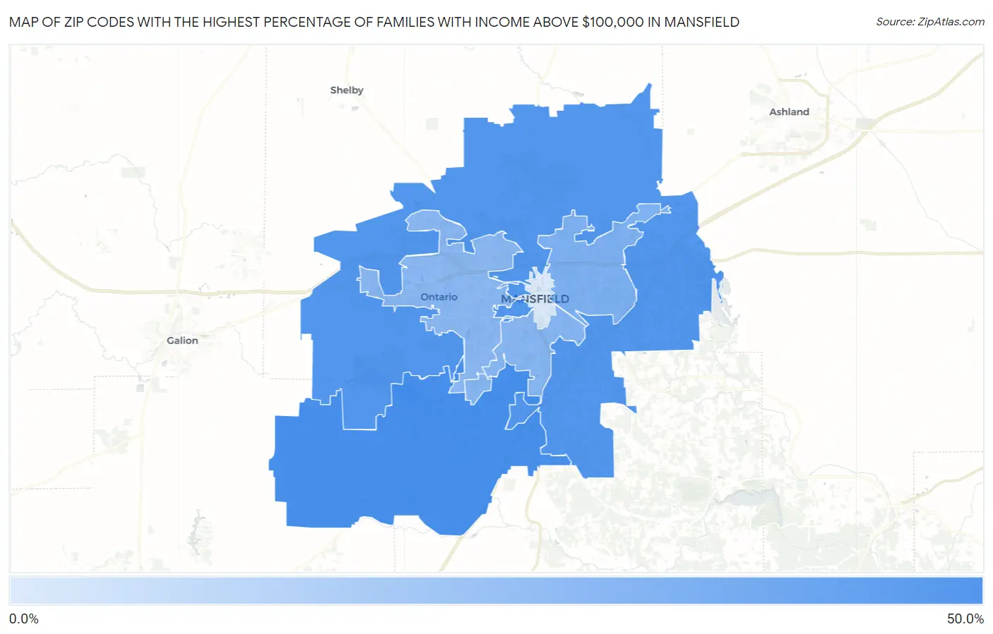 Zip Codes with the Highest Percentage of Families with Income Above $100,000 in Mansfield Map