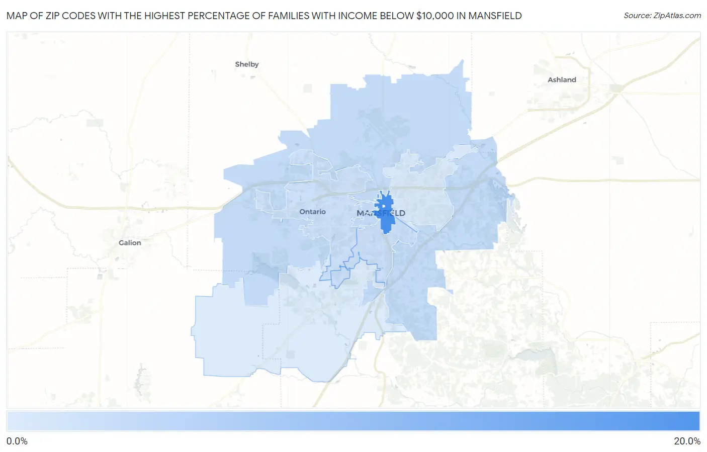 Zip Codes with the Highest Percentage of Families with Income Below $10,000 in Mansfield Map