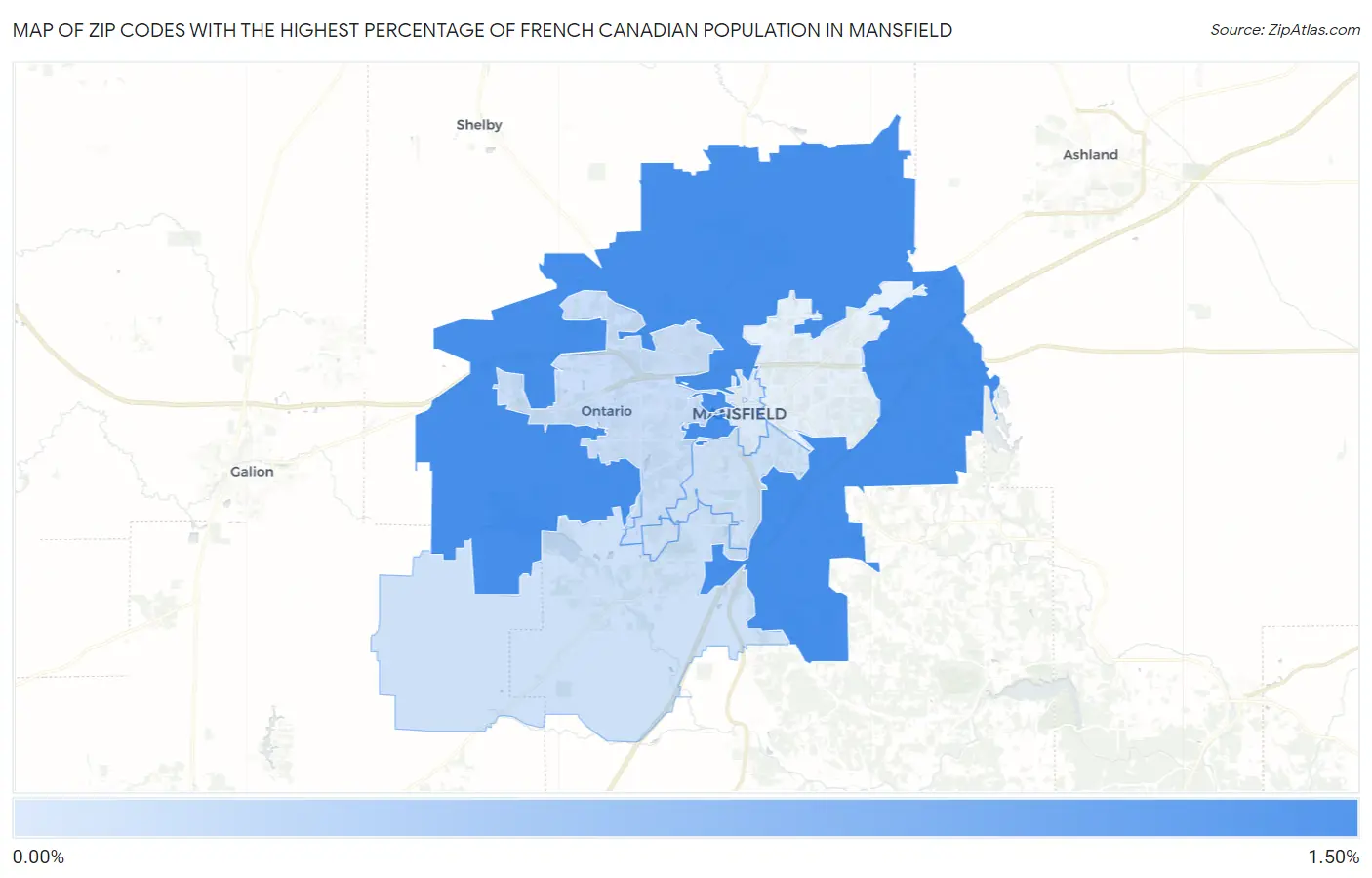 Zip Codes with the Highest Percentage of French Canadian Population in Mansfield Map