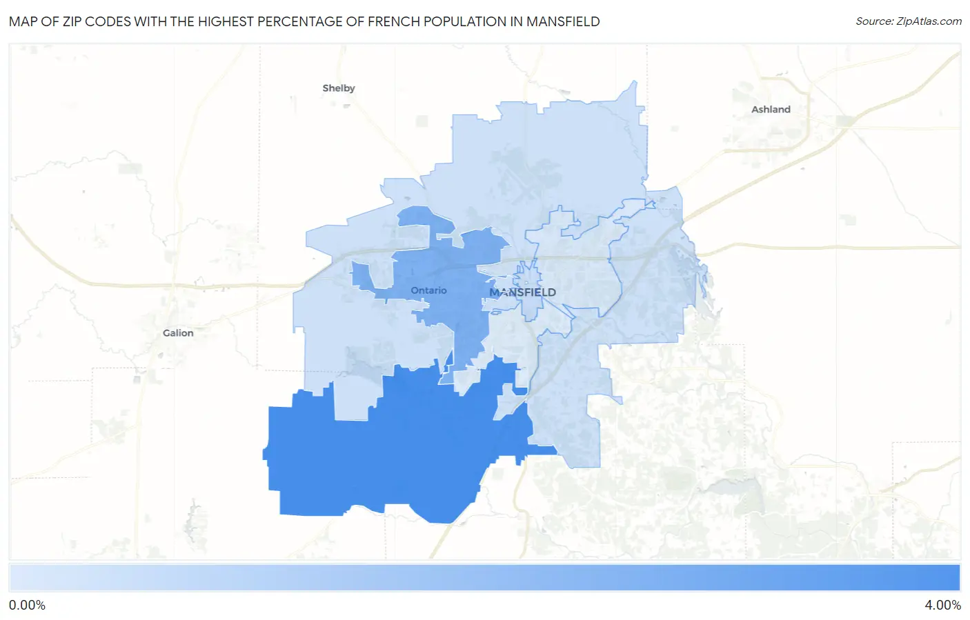 Zip Codes with the Highest Percentage of French Population in Mansfield Map