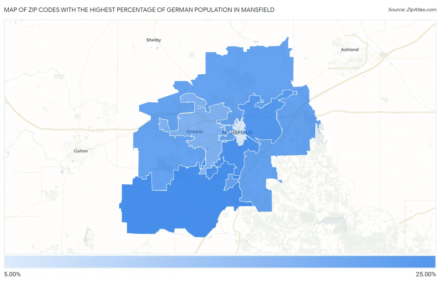 Zip Codes with the Highest Percentage of German Population in Mansfield Map