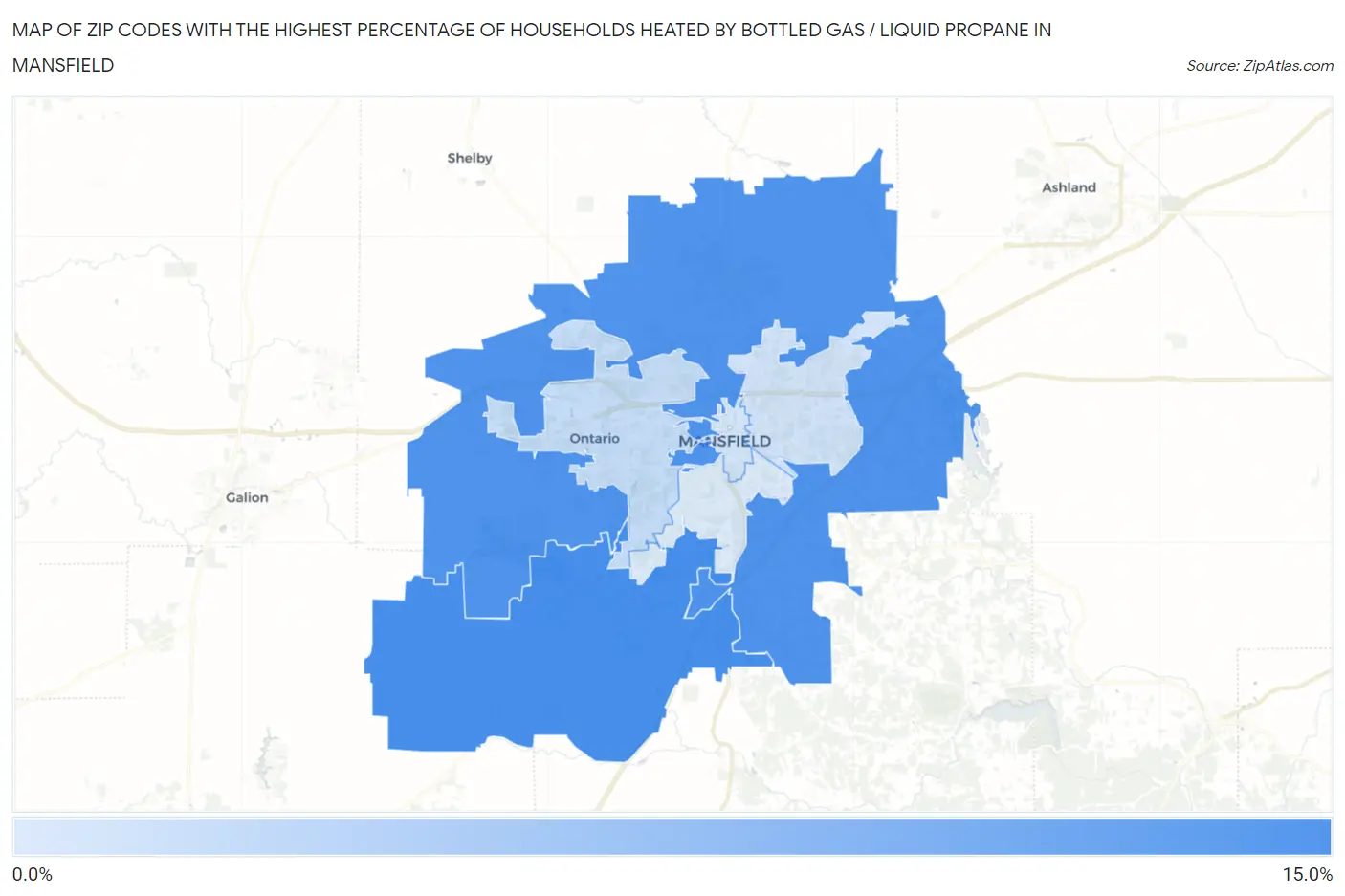 Zip Codes with the Highest Percentage of Households Heated by Bottled Gas / Liquid Propane in Mansfield Map