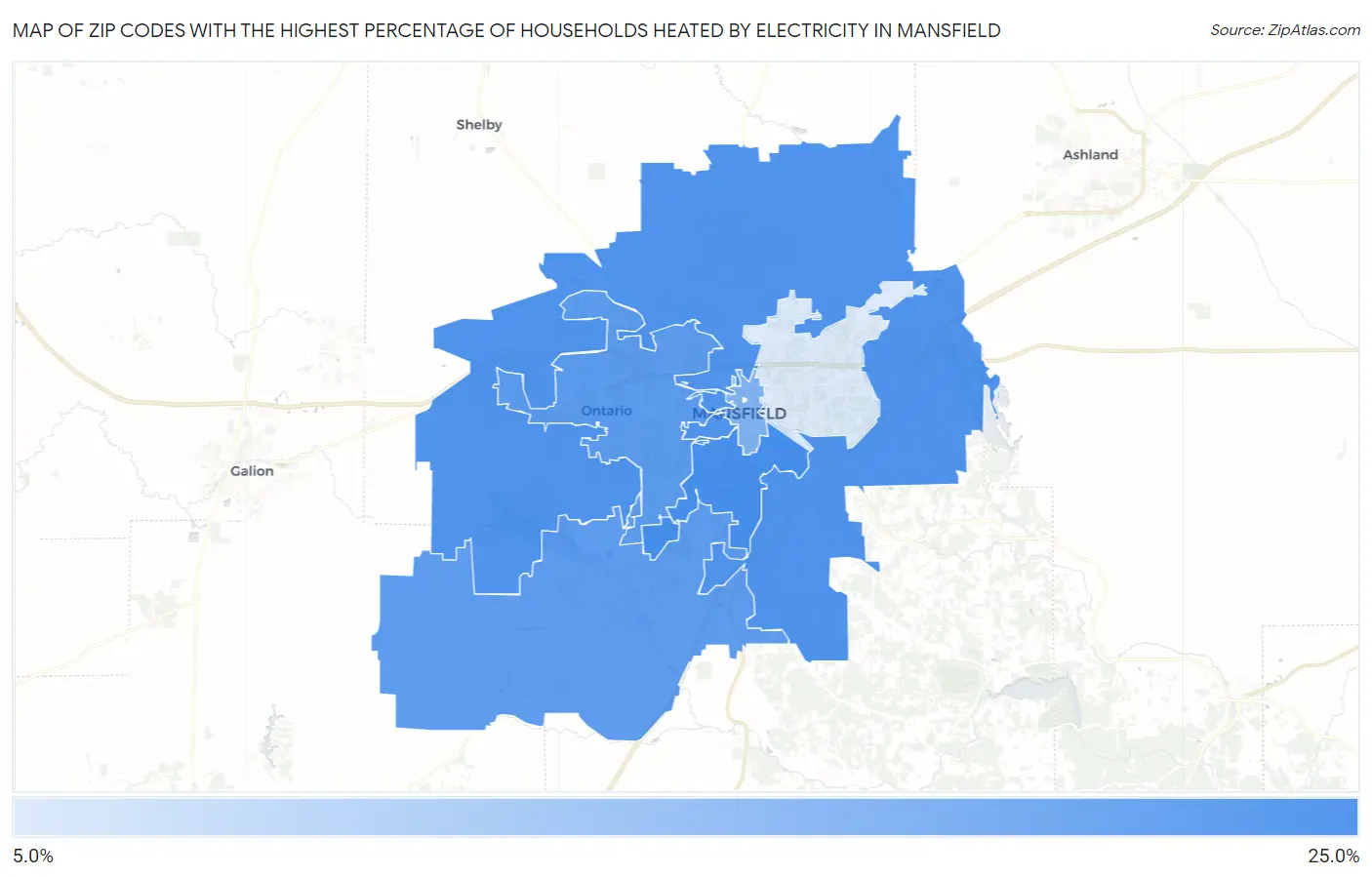 Zip Codes with the Highest Percentage of Households Heated by Electricity in Mansfield Map
