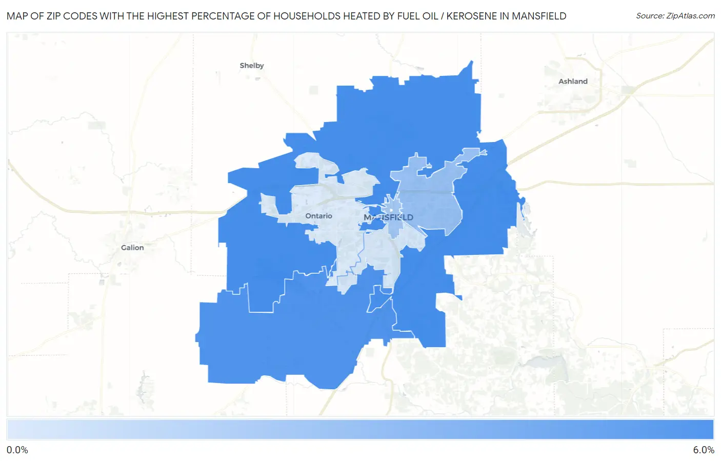 Zip Codes with the Highest Percentage of Households Heated by Fuel Oil / Kerosene in Mansfield Map