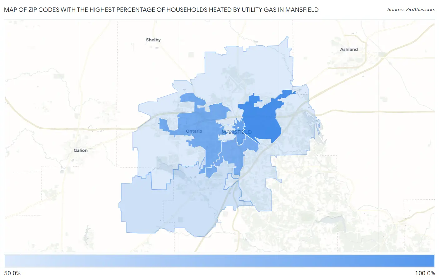 Zip Codes with the Highest Percentage of Households Heated by Utility Gas in Mansfield Map