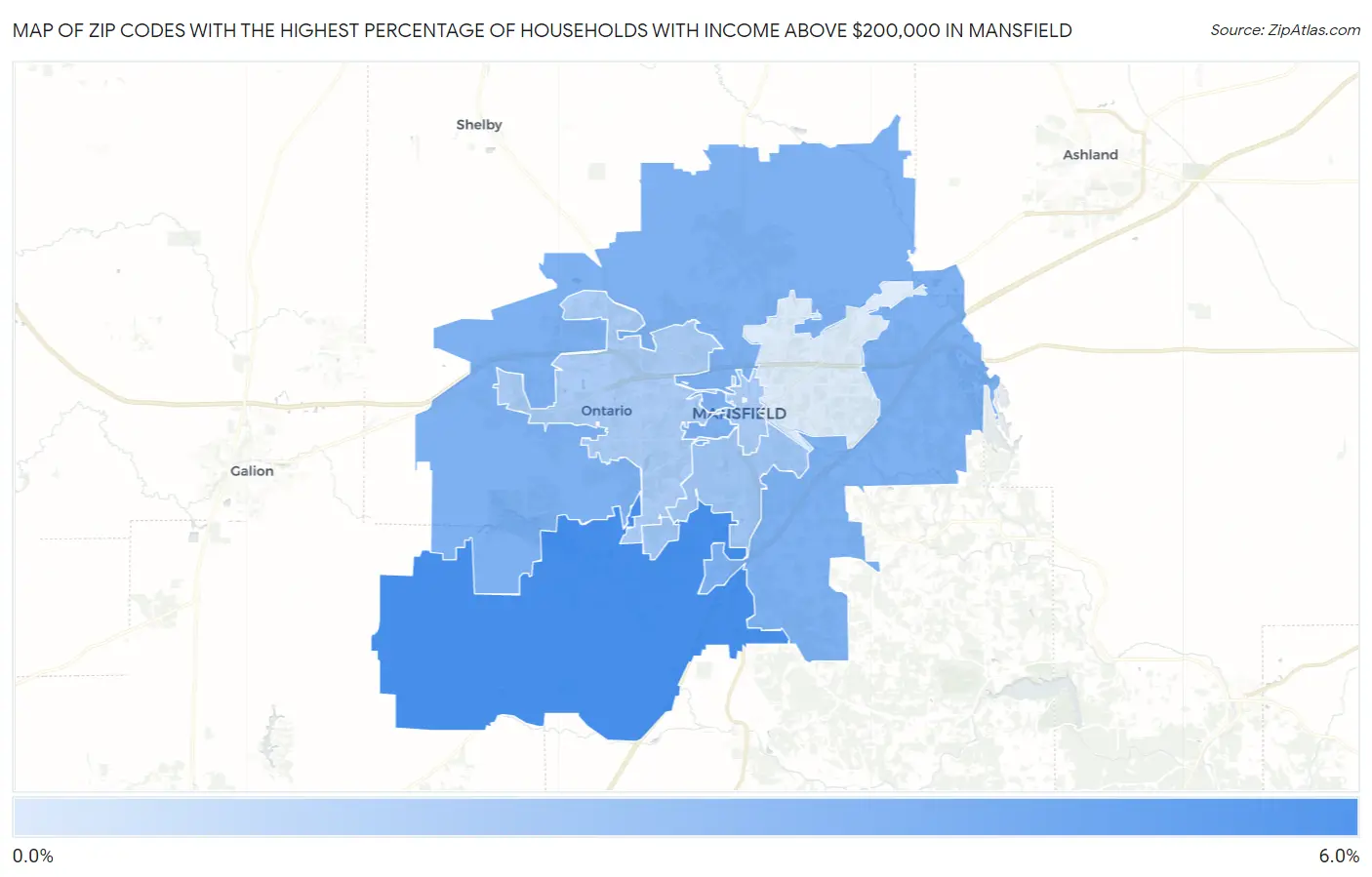 Zip Codes with the Highest Percentage of Households with Income Above $200,000 in Mansfield Map