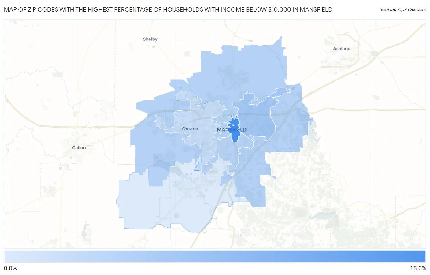 Zip Codes with the Highest Percentage of Households with Income Below $10,000 in Mansfield Map