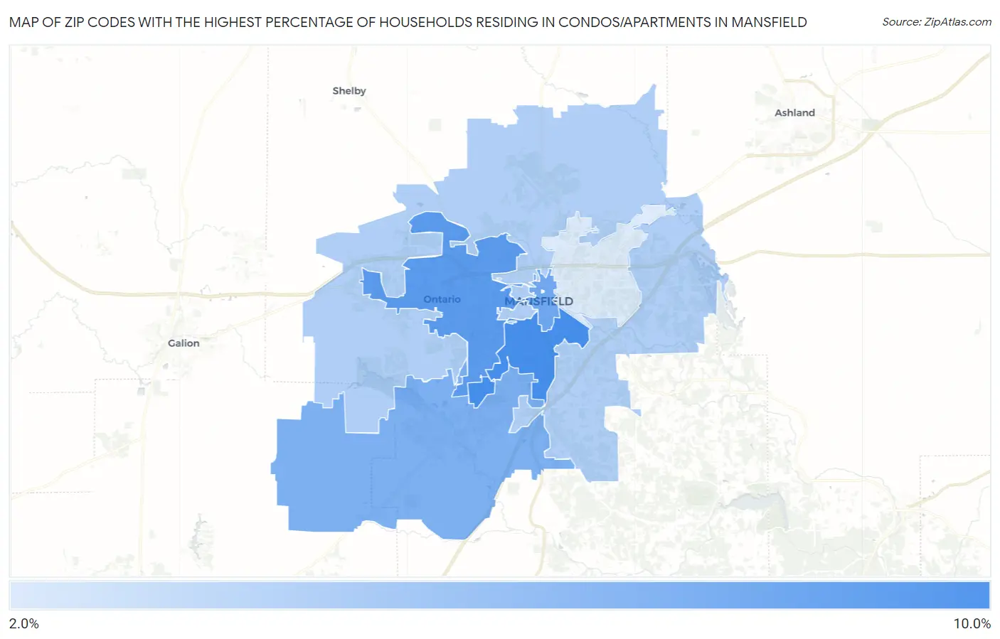 Zip Codes with the Highest Percentage of Households Residing in Condos/Apartments in Mansfield Map