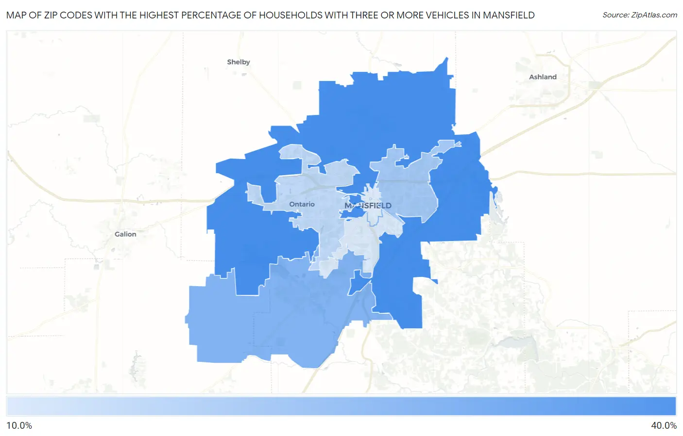 Zip Codes with the Highest Percentage of Households With Three or more Vehicles in Mansfield Map