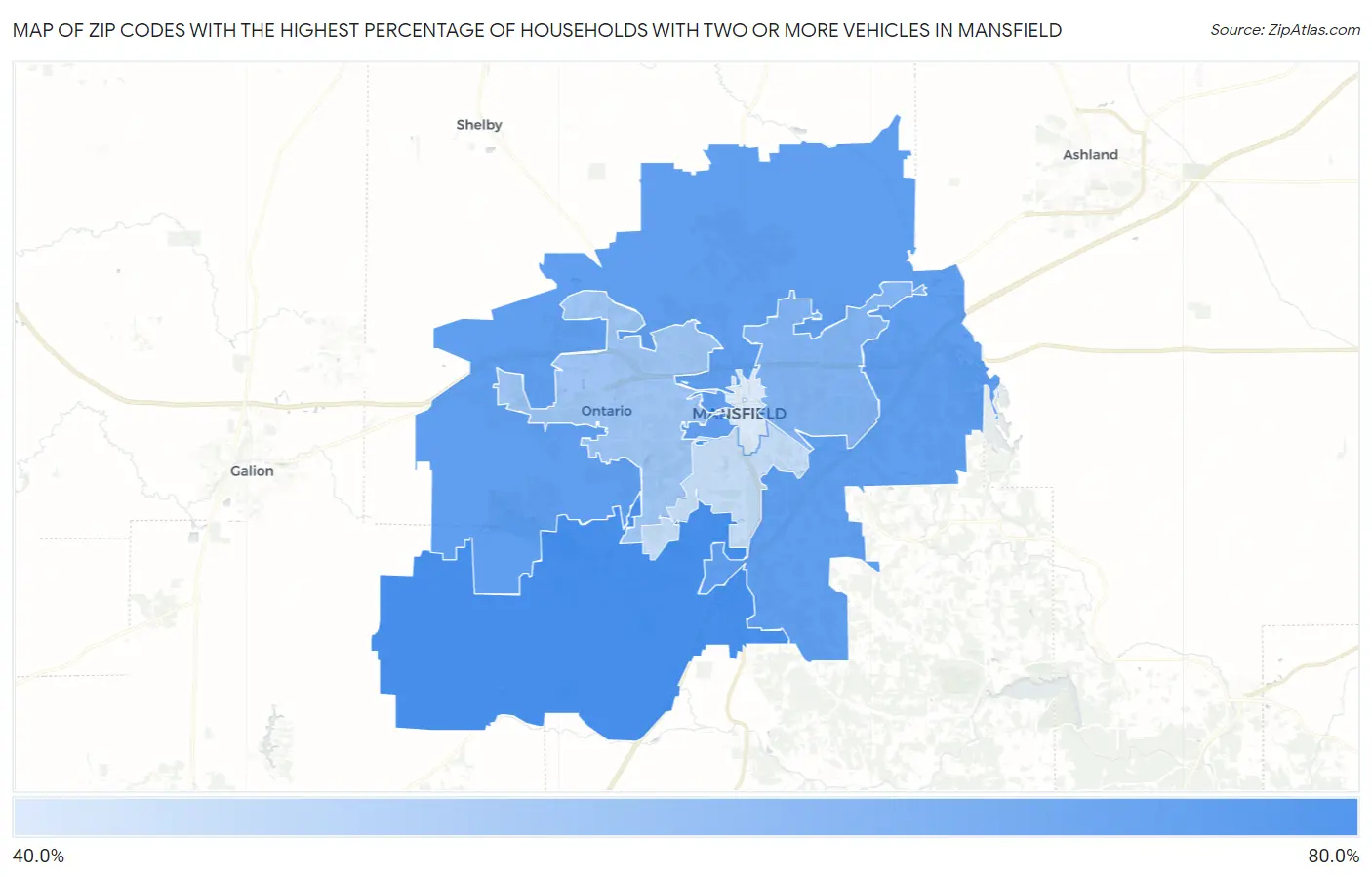 Zip Codes with the Highest Percentage of Households With Two or more Vehicles in Mansfield Map