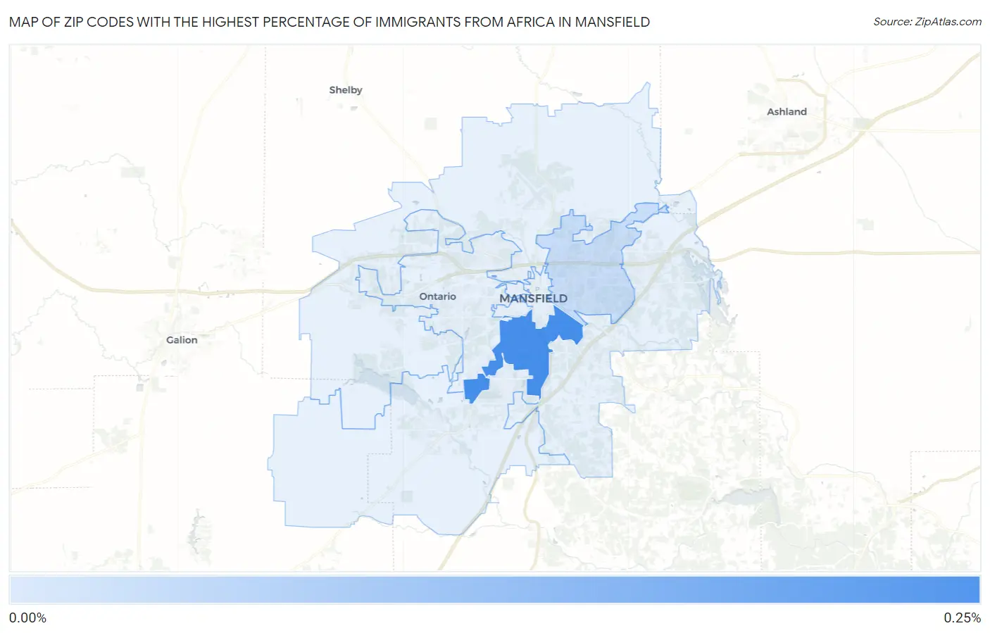 Zip Codes with the Highest Percentage of Immigrants from Africa in Mansfield Map