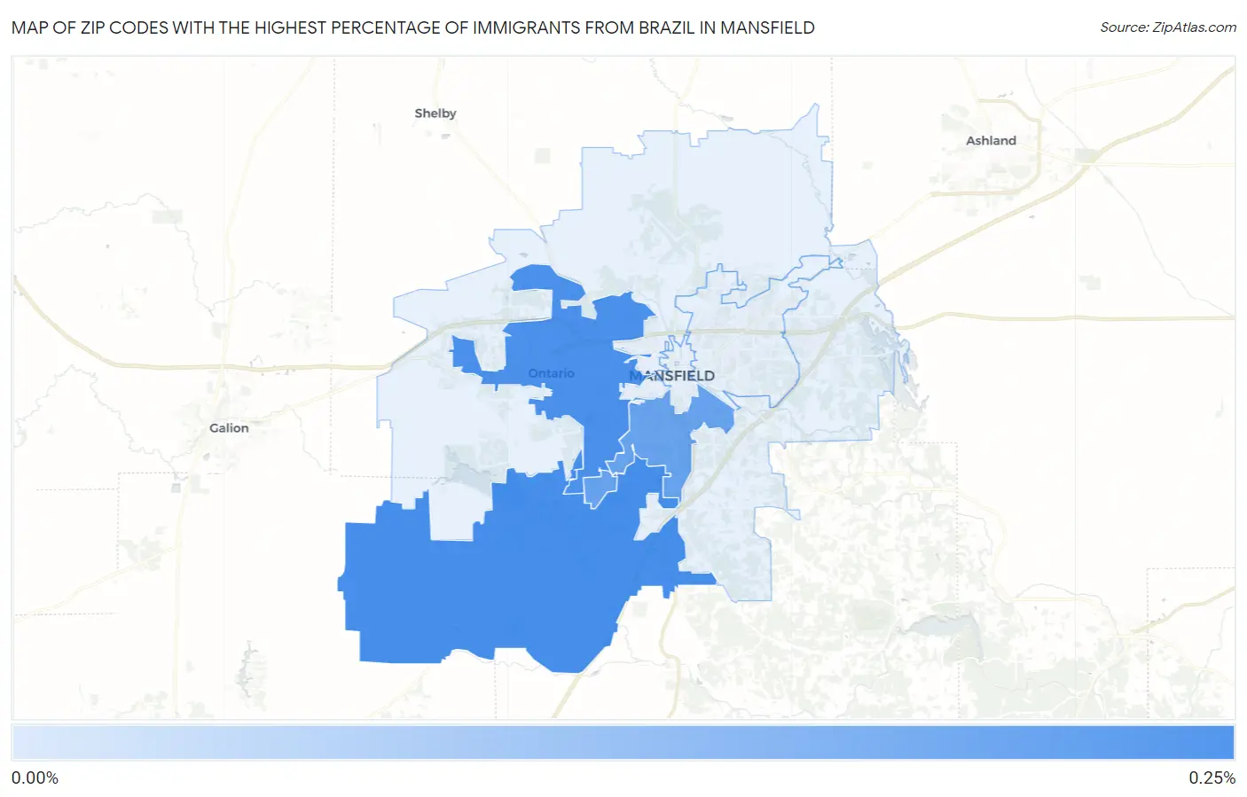 Zip Codes with the Highest Percentage of Immigrants from Brazil in Mansfield Map