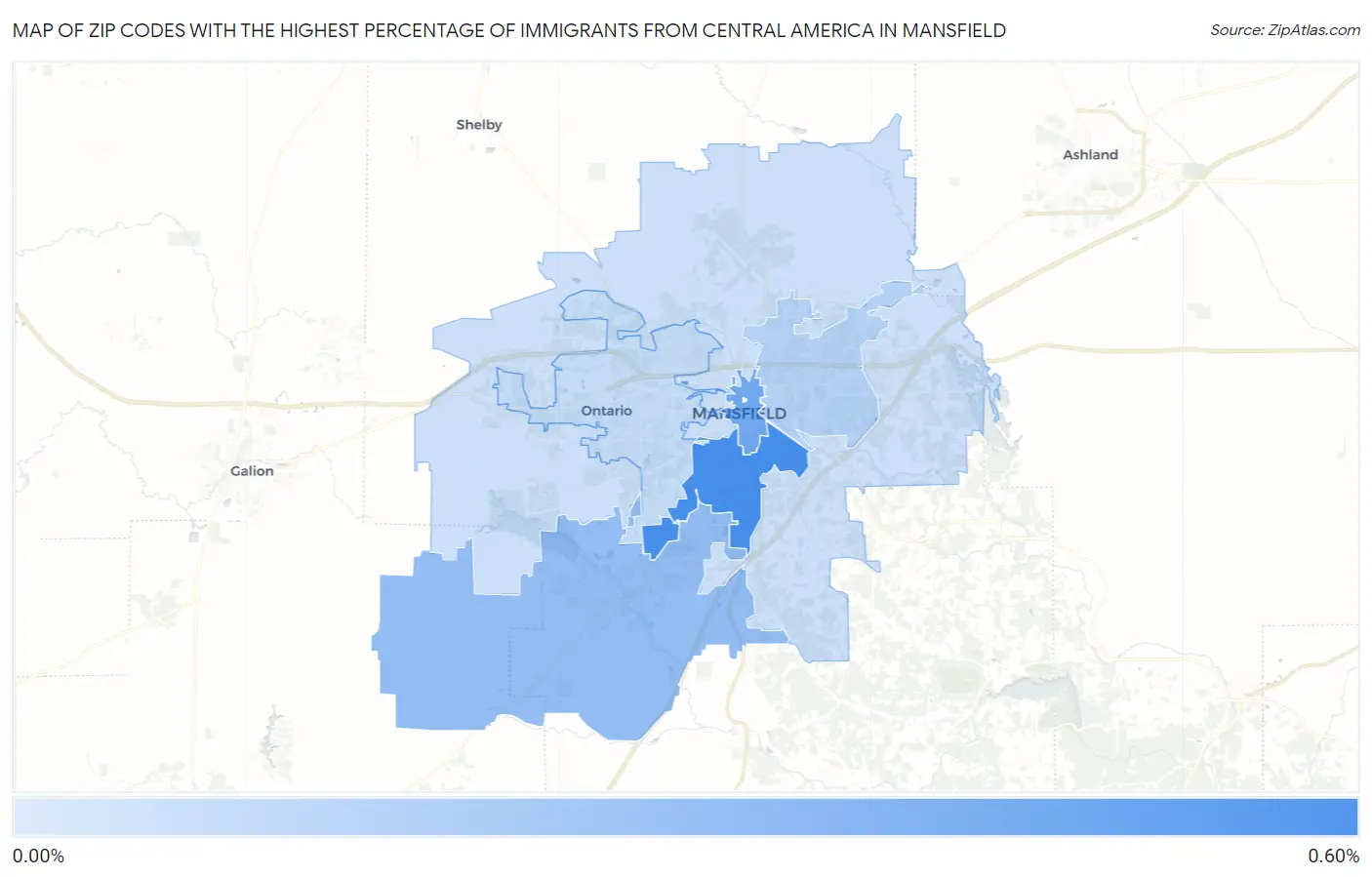 Zip Codes with the Highest Percentage of Immigrants from Central America in Mansfield Map