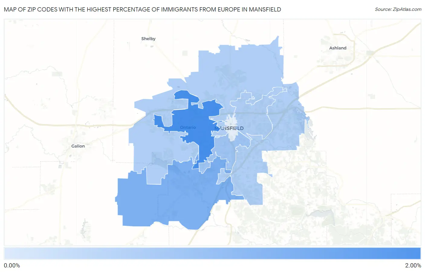 Zip Codes with the Highest Percentage of Immigrants from Europe in Mansfield Map