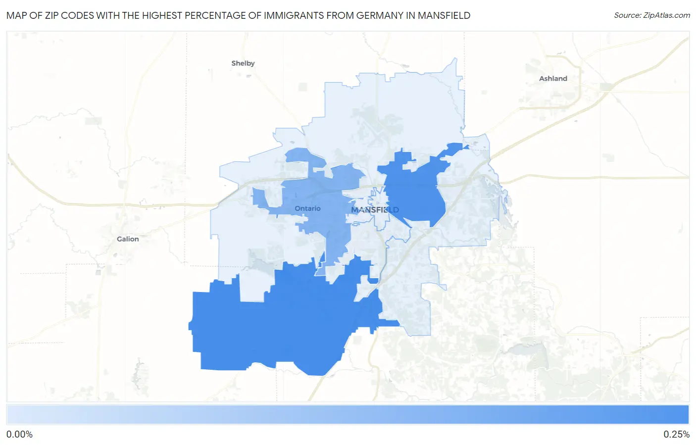 Zip Codes with the Highest Percentage of Immigrants from Germany in Mansfield Map
