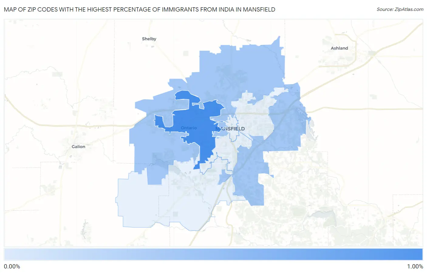 Zip Codes with the Highest Percentage of Immigrants from India in Mansfield Map