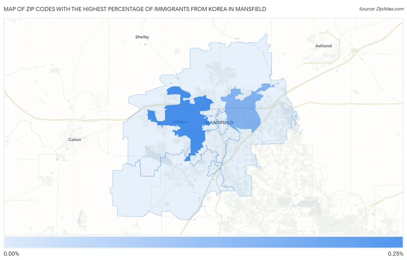 Zip Codes with the Highest Percentage of Immigrants from Korea in Mansfield Map